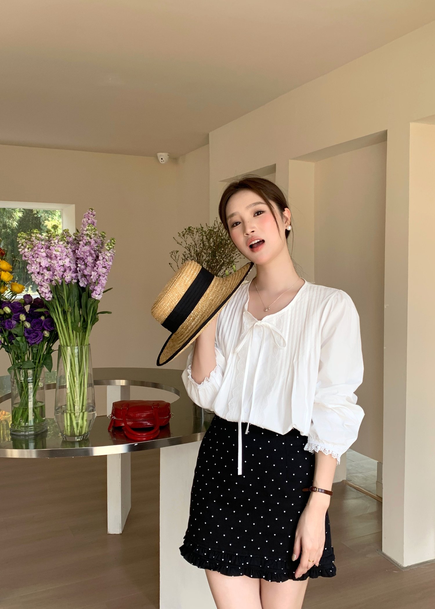 Arris Lacey Pleated Blouse in White