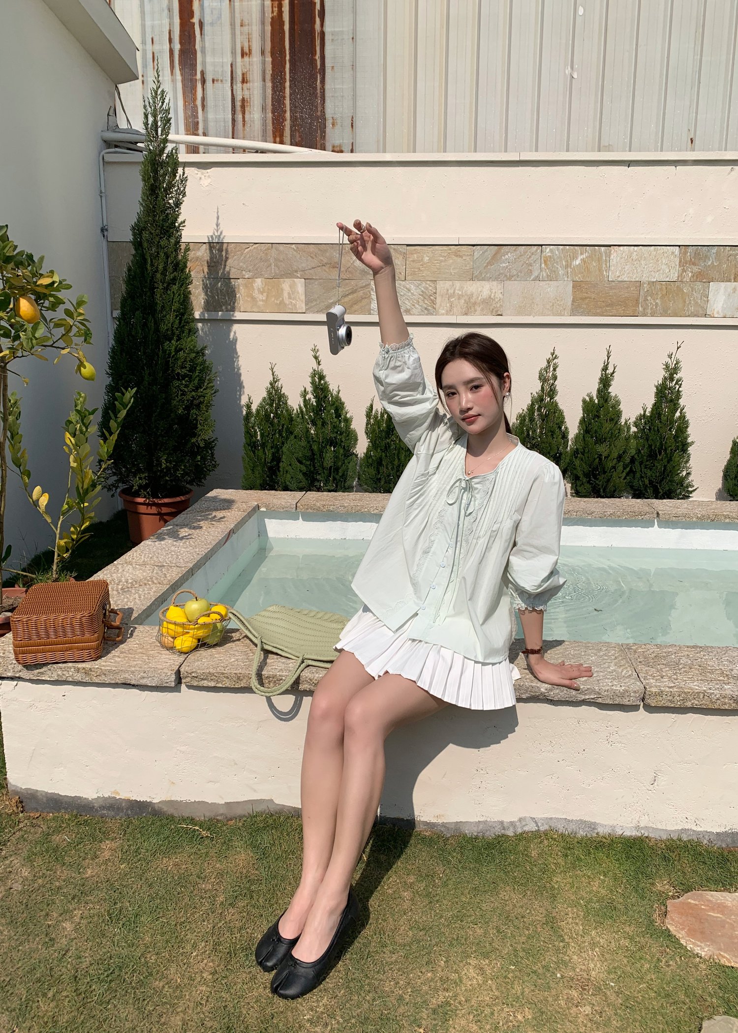 Arris Lacey Pleated Blouse in Milk Green