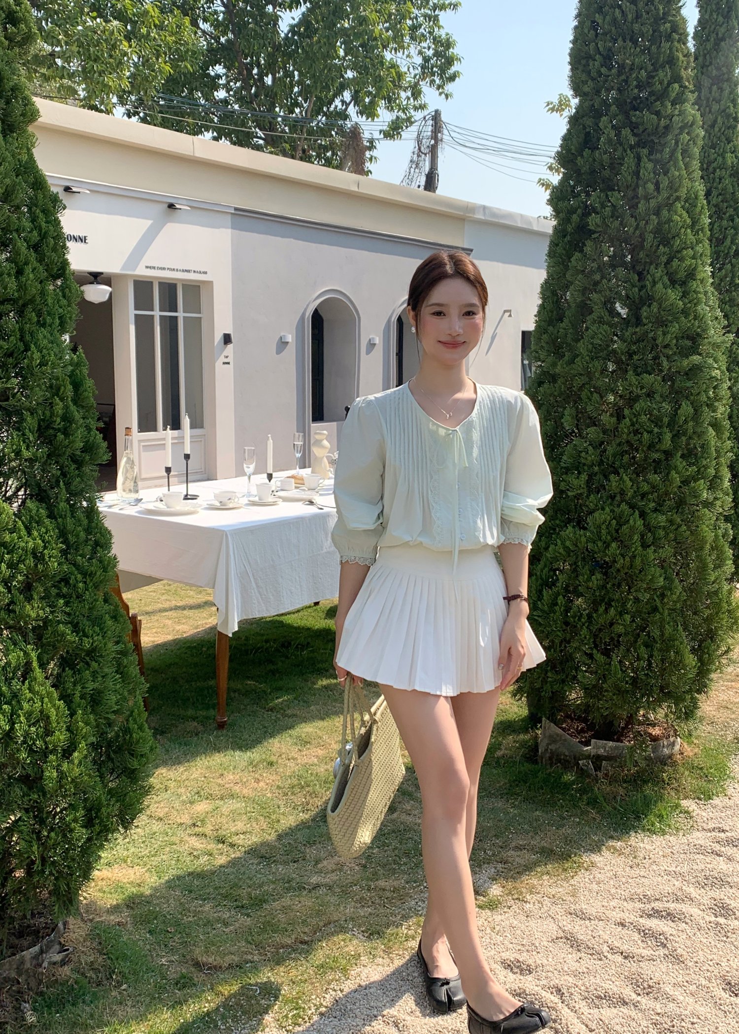 Arris Lacey Pleated Blouse in Milk Green