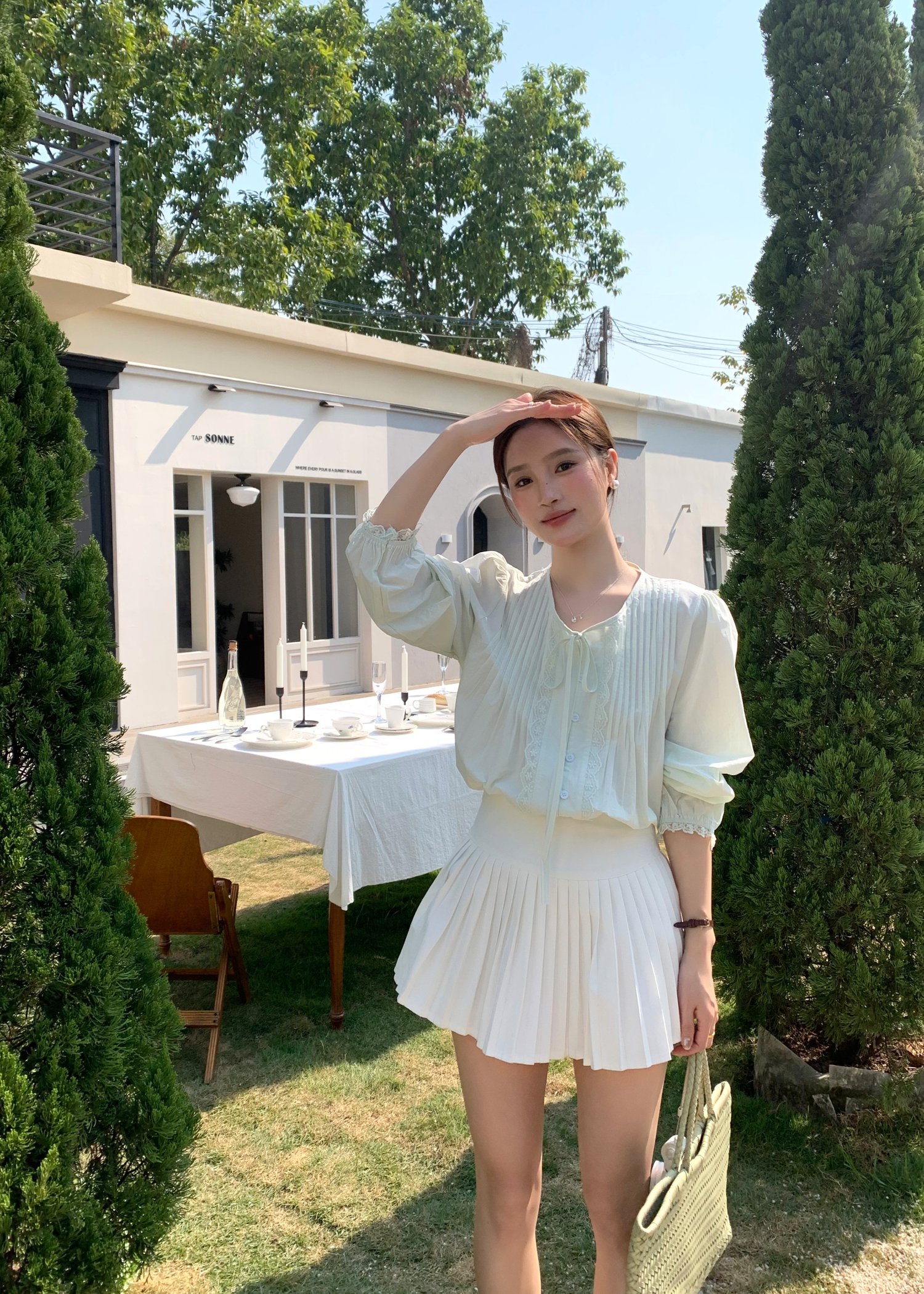 Arris Lacey Pleated Blouse in Milk Green