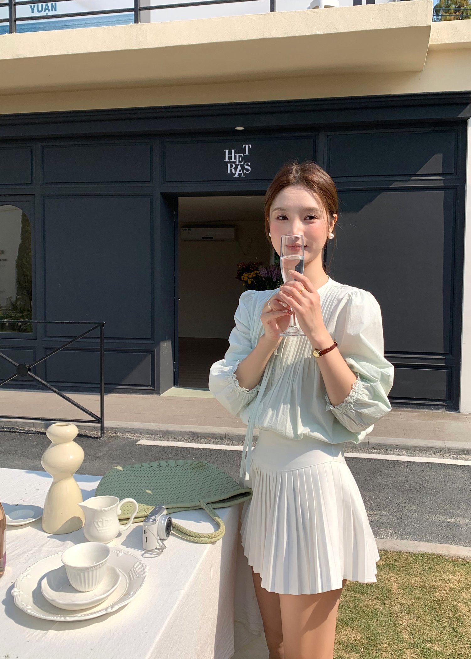 Arris Lacey Pleated Blouse in Milk Green