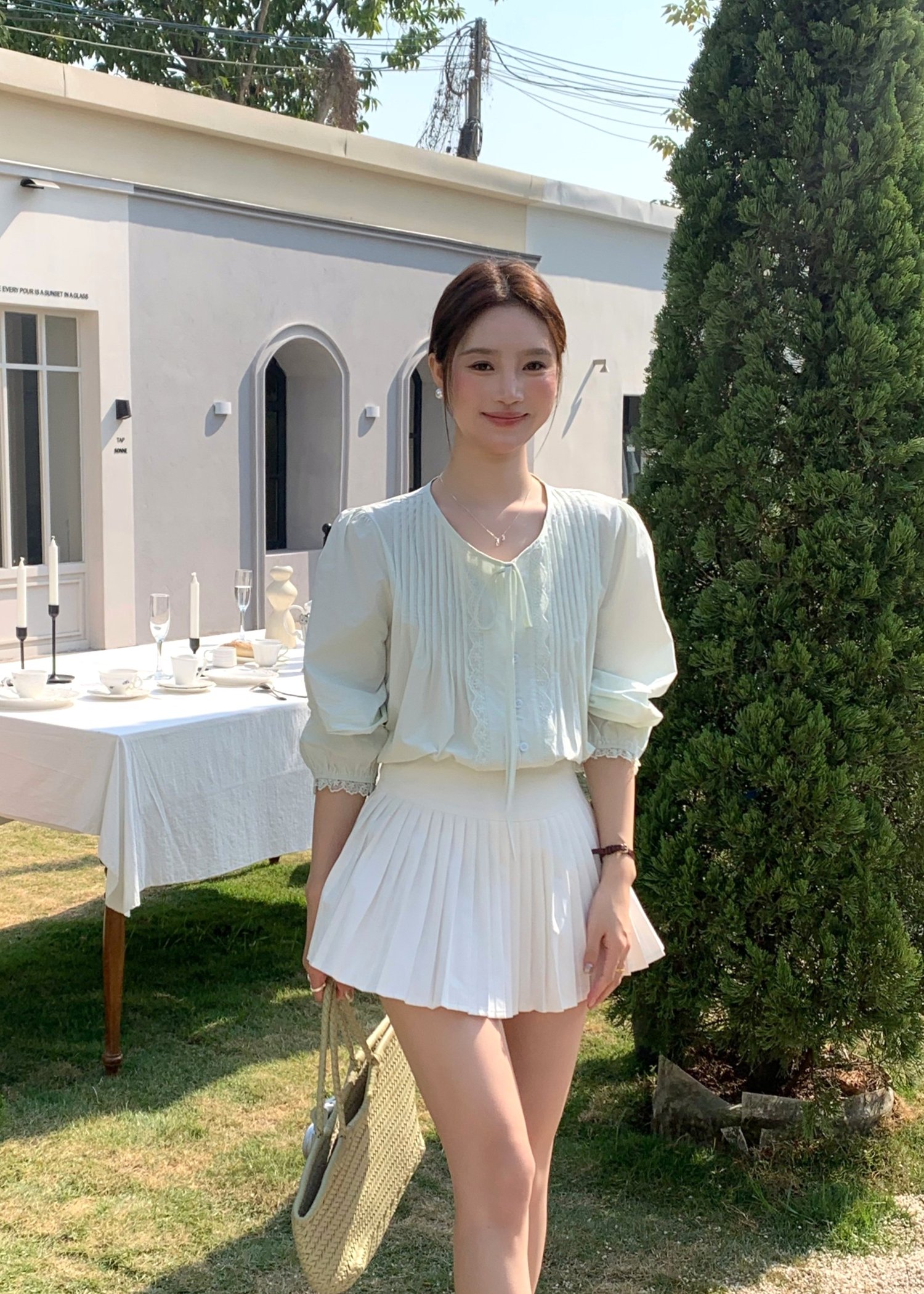 Arris Lacey Pleated Blouse in Milk Green