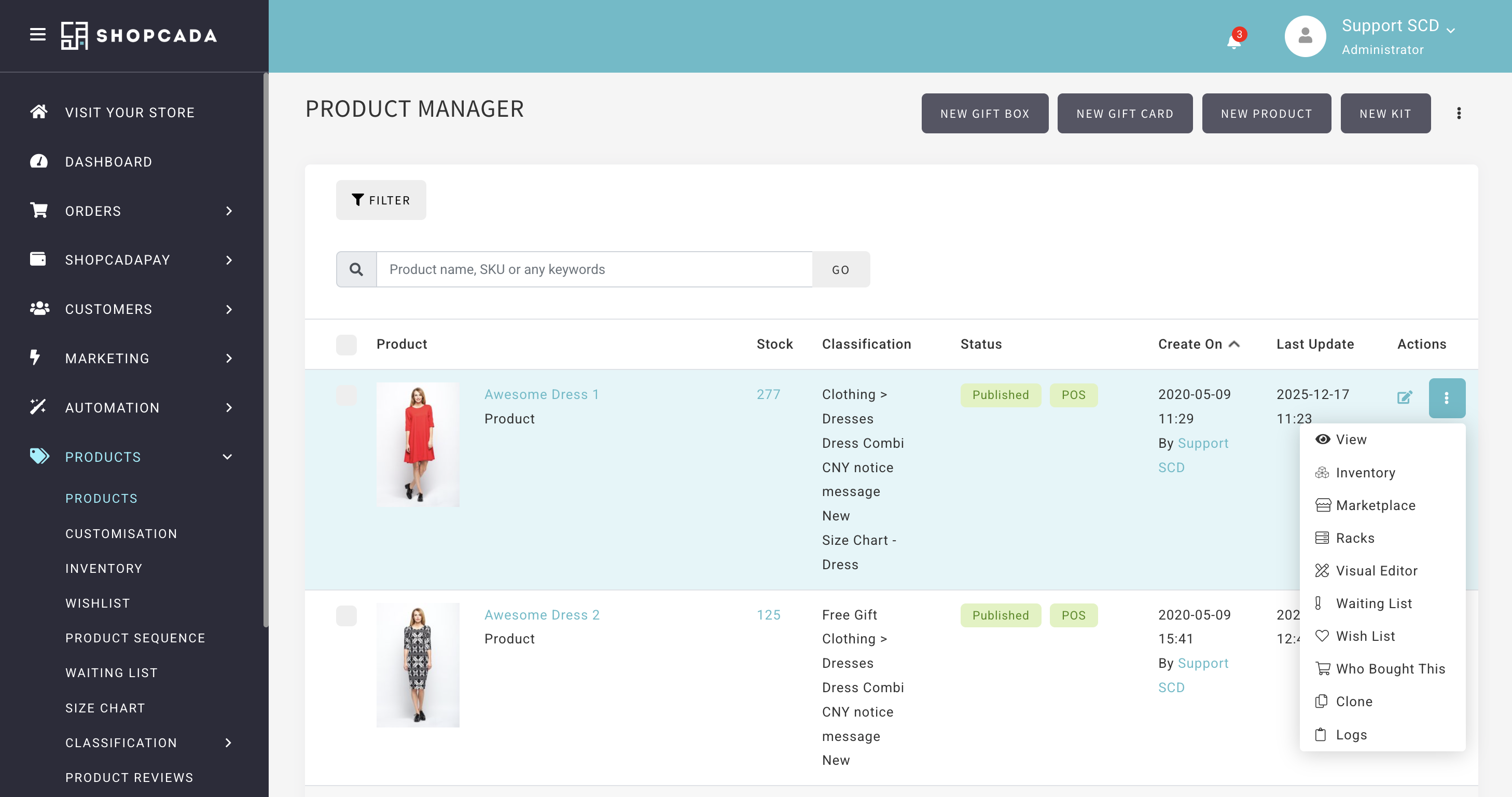 Product Manager row with the pencil icon and the three-dot menu open