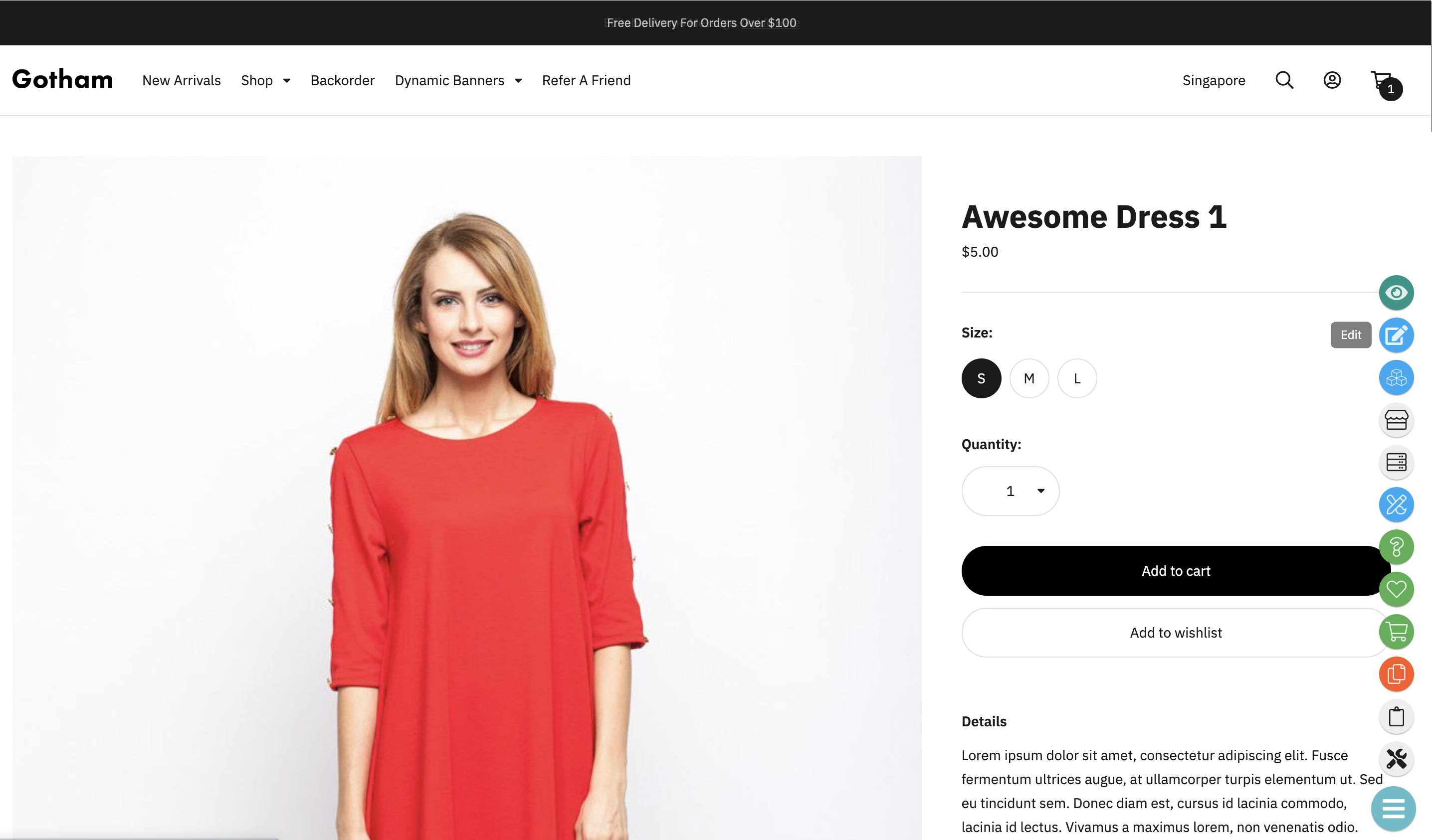 Product page on the website with the admin menu open at the bottom right and the Edit button labelled