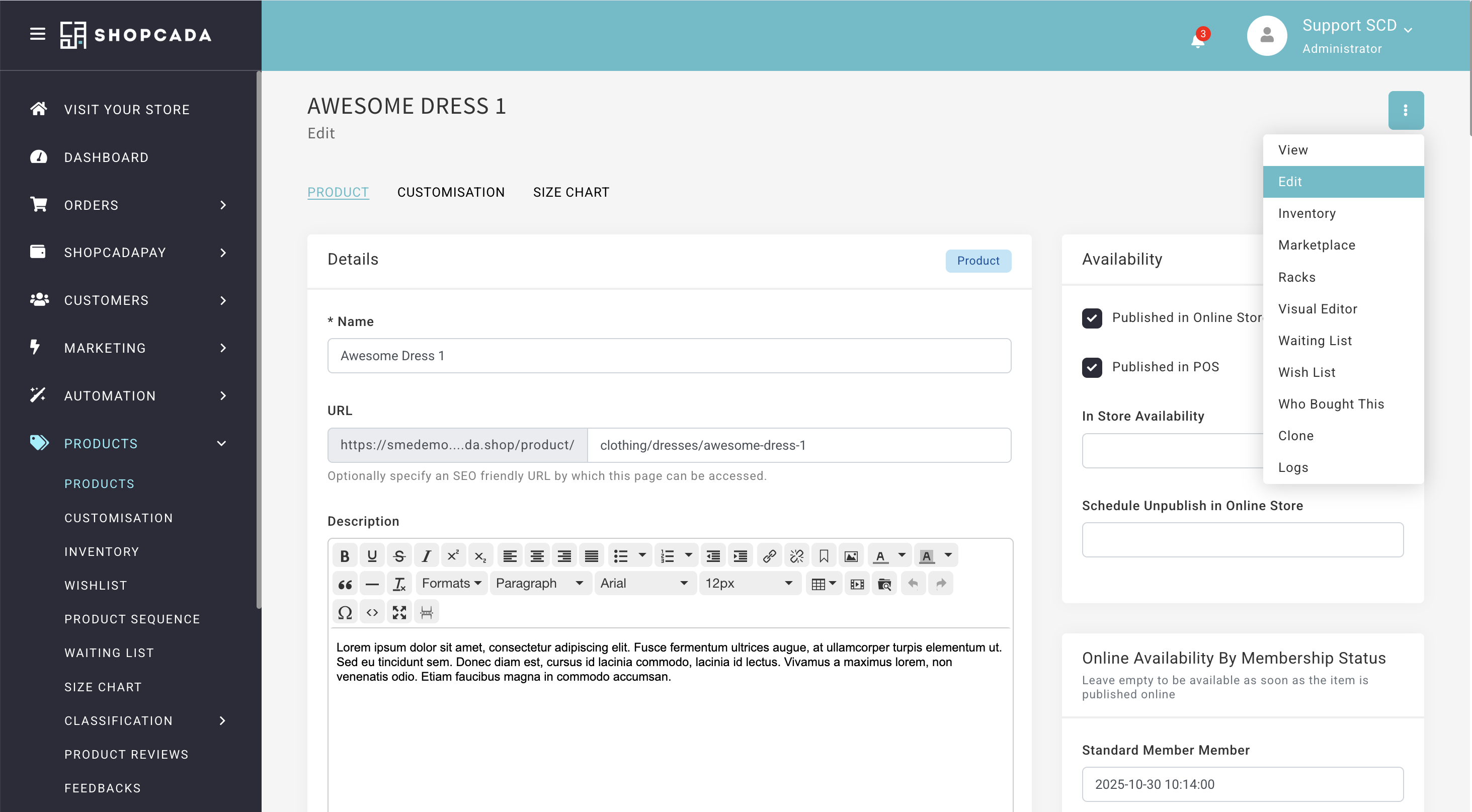 Edit product page header with the three-dot menu open and the Product tab row visible