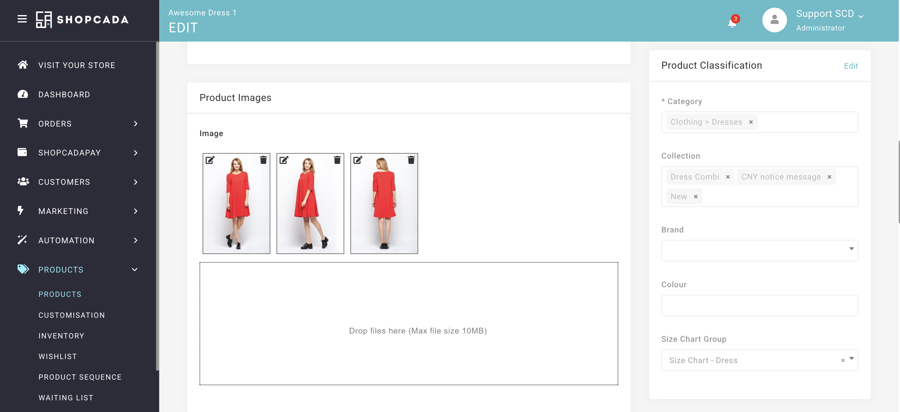 Product Classification section on a saved product, locked, with the Edit link beside the heading