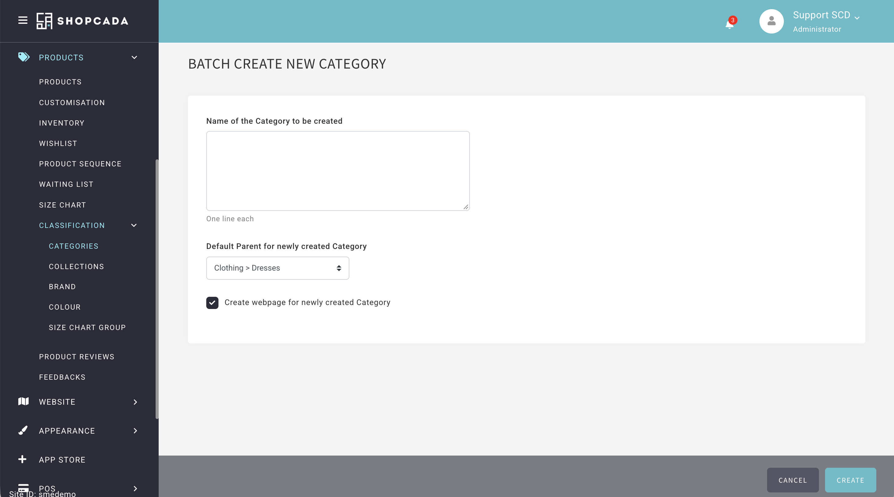 Batch Add New Category form showing the names field, the Default Parent list and the Create webpage tick box