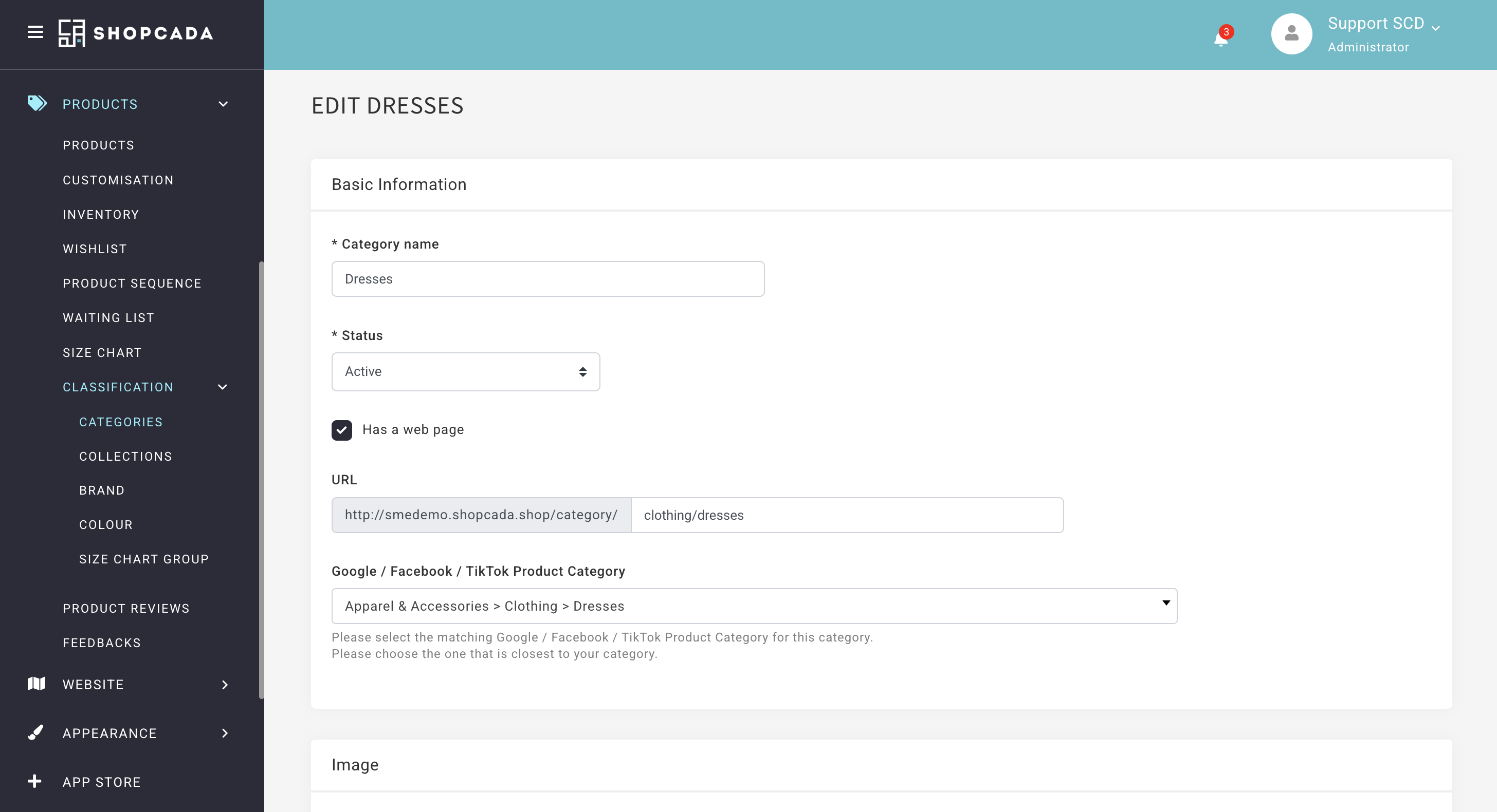 Category edit form showing Basic Information, Image, Ribbon Image, Tag Line and Additional Contents
