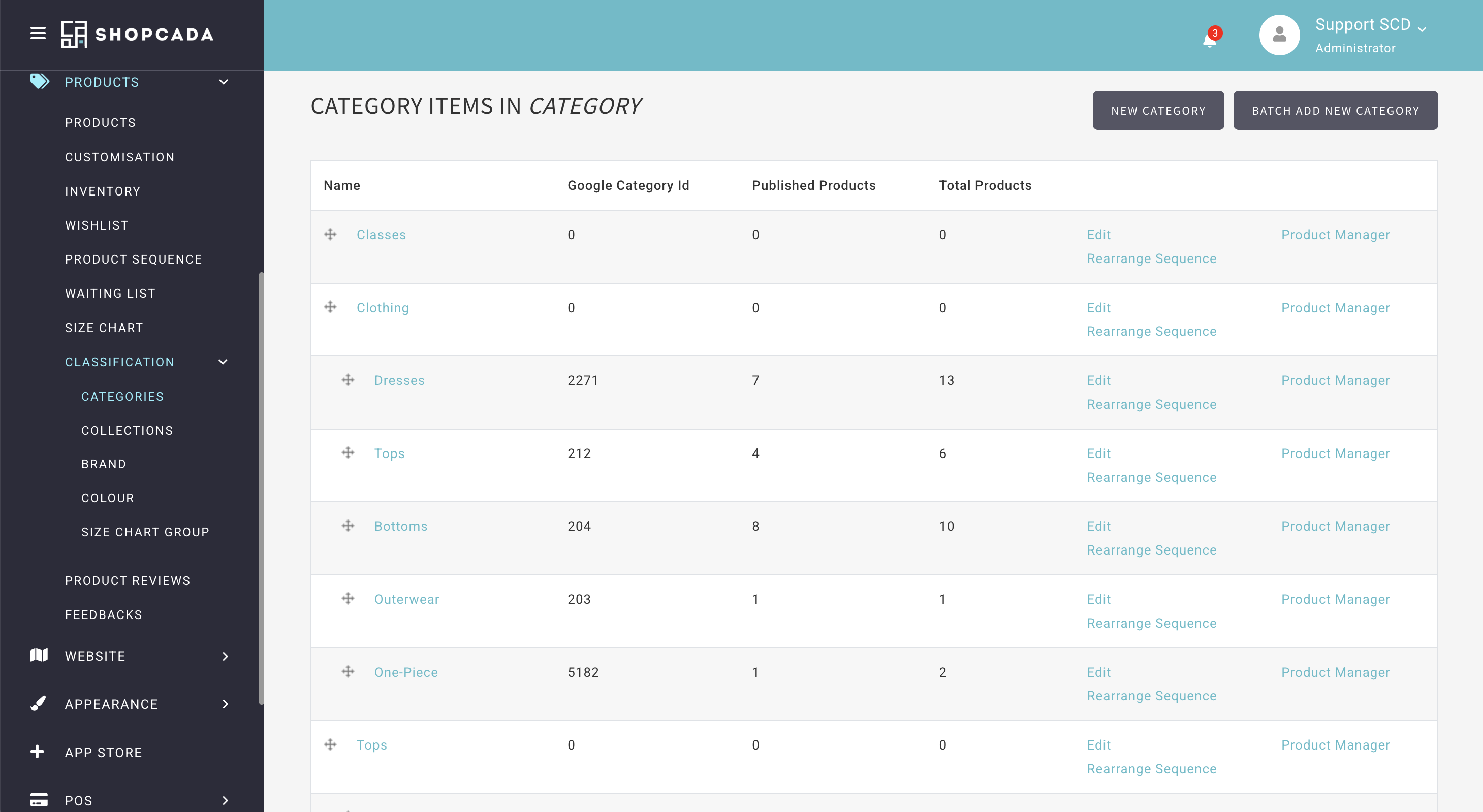 Categories list page with drag handles, product counts and the New Category and Batch Add New Category buttons