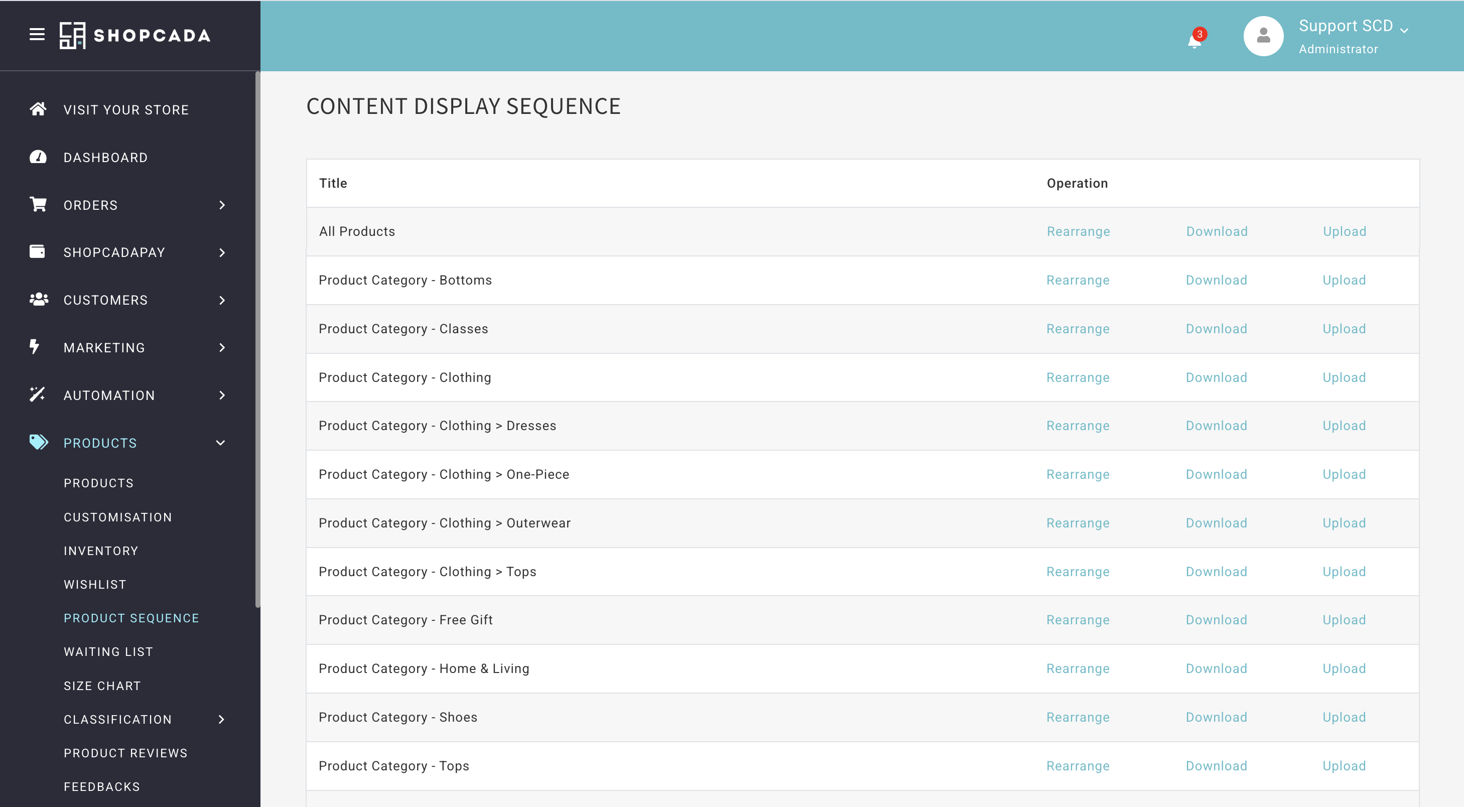 Product Sequence list with Rearrange, Download and Upload links beside each sequence