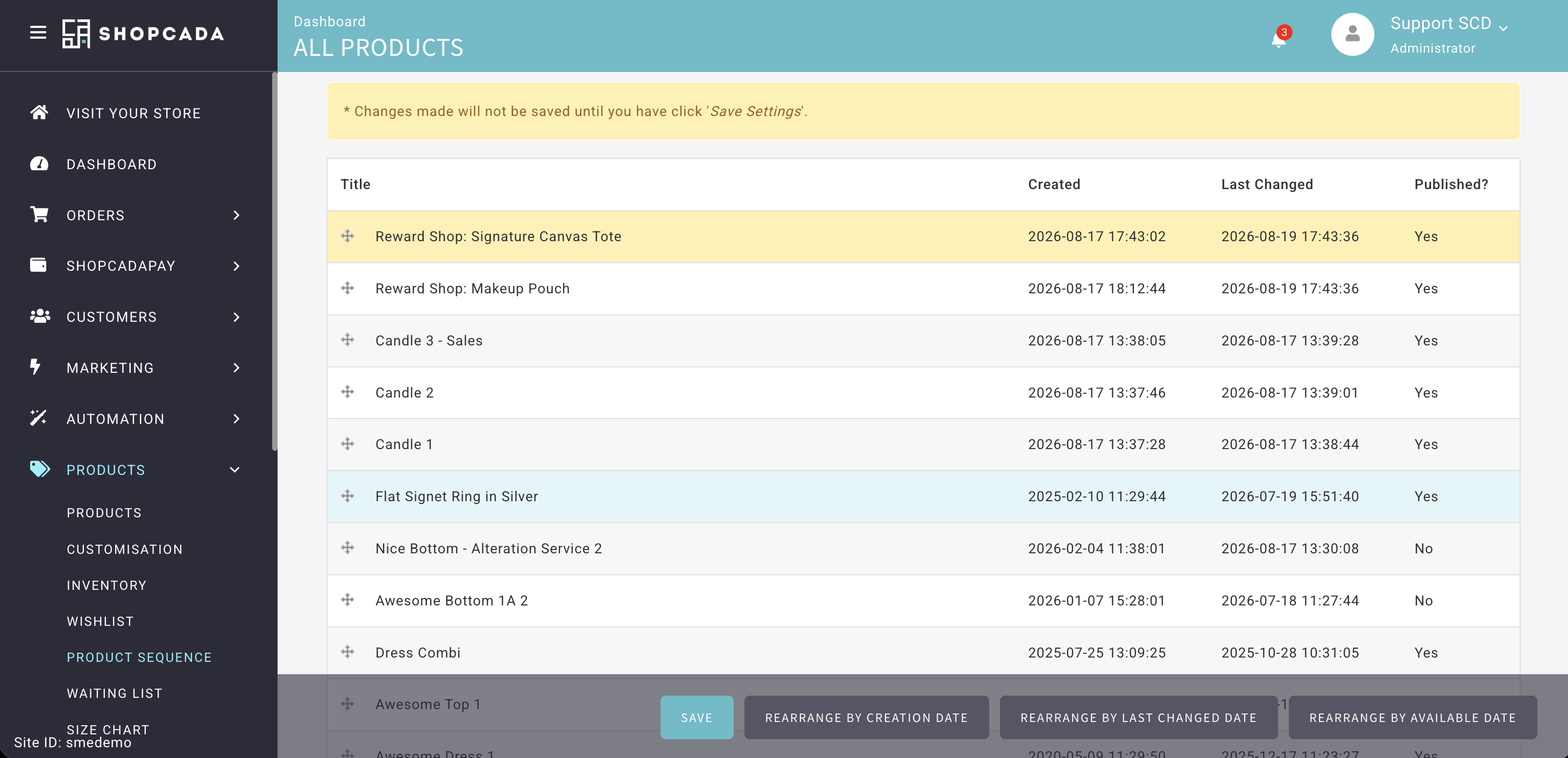 Rearrange page for All Products with a drag handle beside each product, and the Save and reset buttons at the bottom